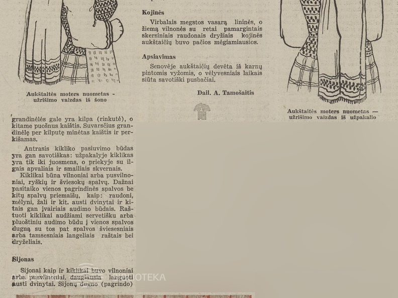A. Tamošaičio straipsnis apie aukštaičių tautinį kostiumą (straipsnio pabaiga). Jaunasis ūkininkas.-1938, nr. 3, p. 38.