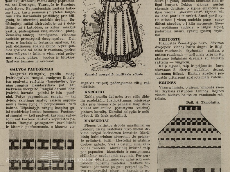 A. Tamošaičio straipsnis apie žemaičių tautinį kostiumą. Jaunasis ūkininkas.-1938, nr. 5, p. 68.