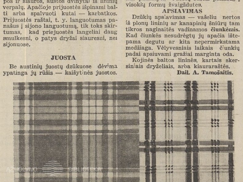 A. Tamošaičio straipsnis apie dzūkių tautinį kostiumą (straipsnio pabaiga). Jaunasis ūkininkas.-1938, nr. 8, p. 117.