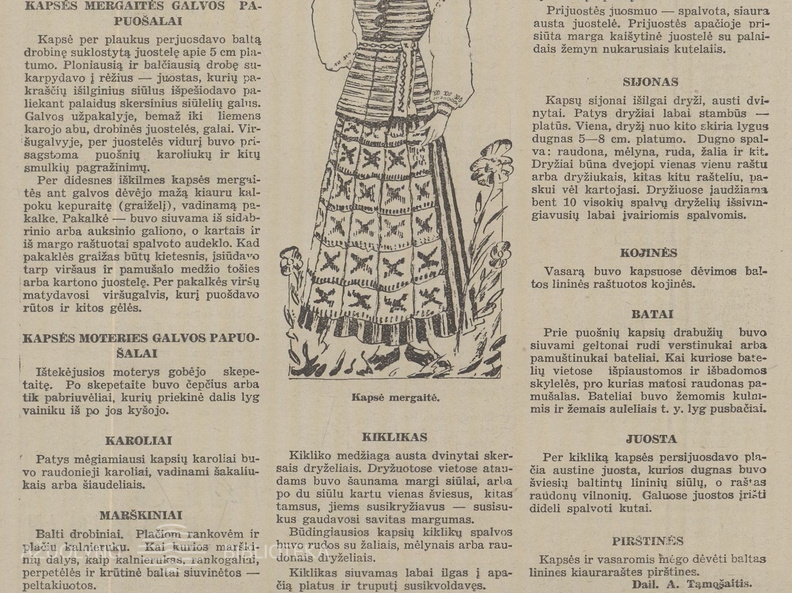 Tamošaičio straipsnis apie kapsių tautinį kostiumą. Jaunasis ūkininkas.-1938, nr. 9, p. 135.