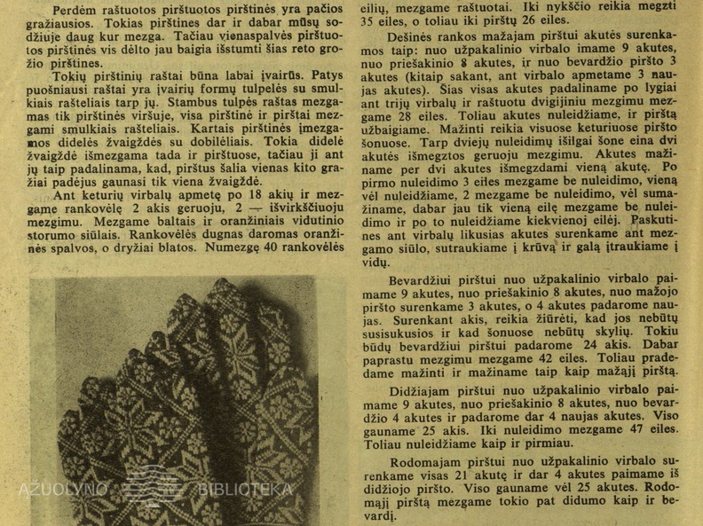 Pirštuotų pirštinių mezgimas. Moteris.-1939, nr. 23-24, p. 310.