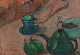 Emilis Bernaras. Natiurmortas su arbatinuku, puodeliu ir vaisiais. 1890 m.