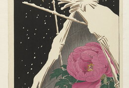 Ohara Koson. Mėlynoji lakštingala šalia bijūno po apsnigta uždanga. 1950 m.