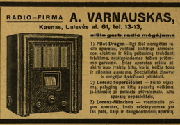 „A. Varnauskas [...] siūlo gerb. radio mėgėjams“. Radio bangos.-1933, nr. 32, p. nenumeruotas.