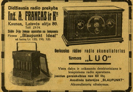„Didžiausia radio prekyba inž. A. Francas ir Ko.“ 2000 metrų.-1928, nr. 1, p. nenumeruotas.