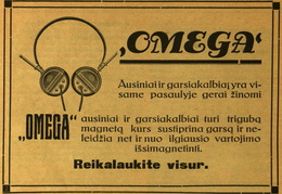 „Omega“ ausinių reikalaukit visur. 2000 metrų.-1928, nr. 6, p. nenumeruotas.