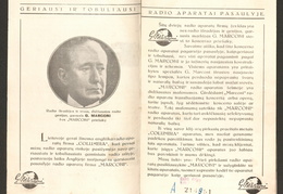 Radio aparatų „Marconi“ 1934 metams katalogas. – Kaunas: generalinis atstovas Lietuvai J. Sakalauskas, [1934].