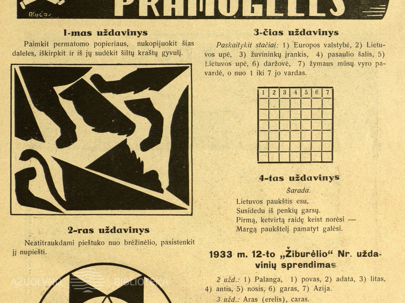 Skilties „Pramogėlės“ nauji uždaviniai ir nr. 12 užduočių sprendimai. Žiburėlis.-1934, nr. 1, p. 15.
