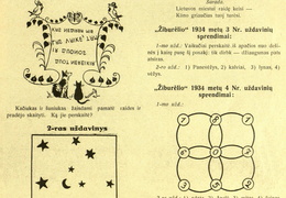 Skilties „Pramogėlės“ nauji uždaviniai ir nr. 4 užduočių sprendimai. Žiburėlis.-1934, nr. 5, p. 15.