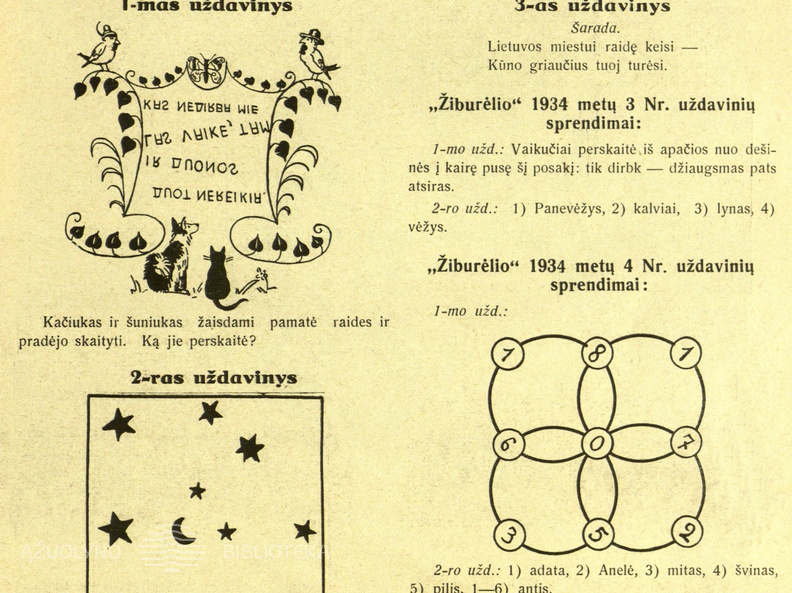 Skilties „Pramogėlės“ nauji uždaviniai ir nr. 4 užduočių sprendimai. Žiburėlis.-1934, nr. 5, p. 15.