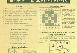 Skilties „Pramogėlės“ nauji uždaviniai ir nr. 5 užduočių sprendimai. Žiburėlis.-1934, nr. 6, p. 15.