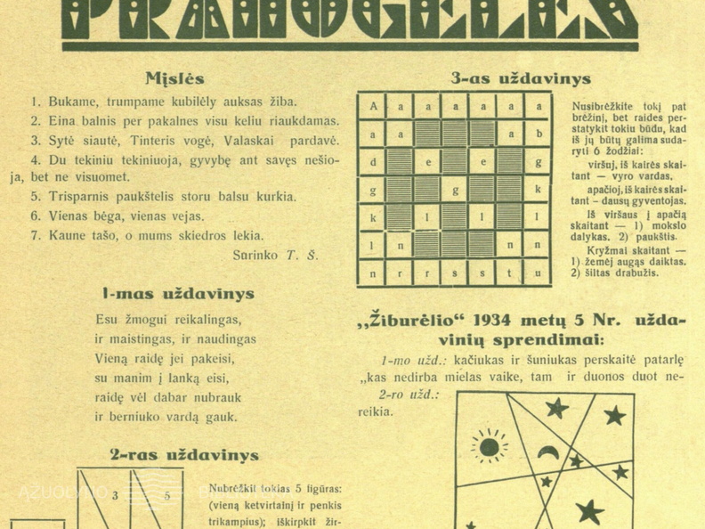Skilties „Pramogėlės“ nauji uždaviniai ir nr. 5 užduočių sprendimai. Žiburėlis.-1934, nr. 6, p. 15.
