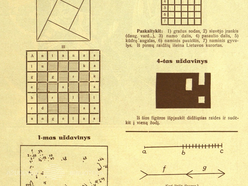 Skilties „Pramogėlės“ nauji uždaviniai ir nr. 6 užduočių sprendimai. Žiburėlis.-1934, nr. 7, p. 15.