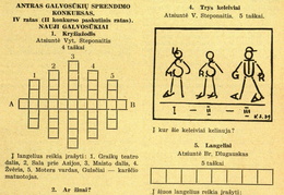 Skilties „Laisvajai valandėlei“ nauji galvosūkiai ir nr. 7 užduočių sprendimai. Žiburėlis.-1939, nr. 9, p. 143.