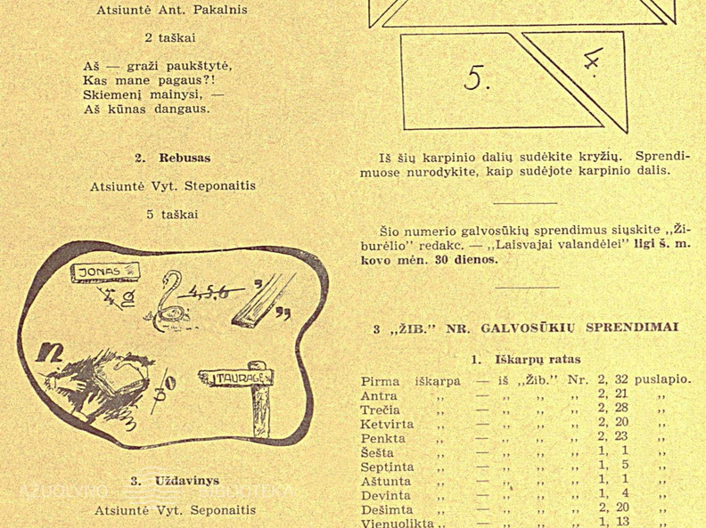 Skilties „Laisvajai valandėlei“ nauji galvosūkiai ir nr. 3 užduočių sprendimai. Žiburėlis.-1940, nr. 5, p. 89.