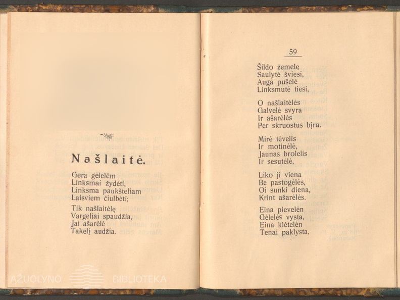 Eilėraštis „Našlaitė“ iš rinkinio „Sielos sparnai“, 1919, p. 59.