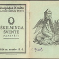 Knygelės viršelis. „Klaipėdos krašto lietuvninkų sukilėlių laimėjimui paminėti sausio 15 d.“ – Tilžė: „Ryto“ b-vės (Pavlovskio) sp., 1924, [4] p.