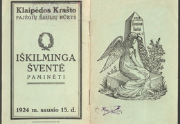 Knygelės viršelis. „Klaipėdos krašto lietuvninkų sukilėlių laimėjimui paminėti sausio 15 d.“ – Tilžė: „Ryto“ b-vės (Pavlovskio) sp., 1924, [4] p.
