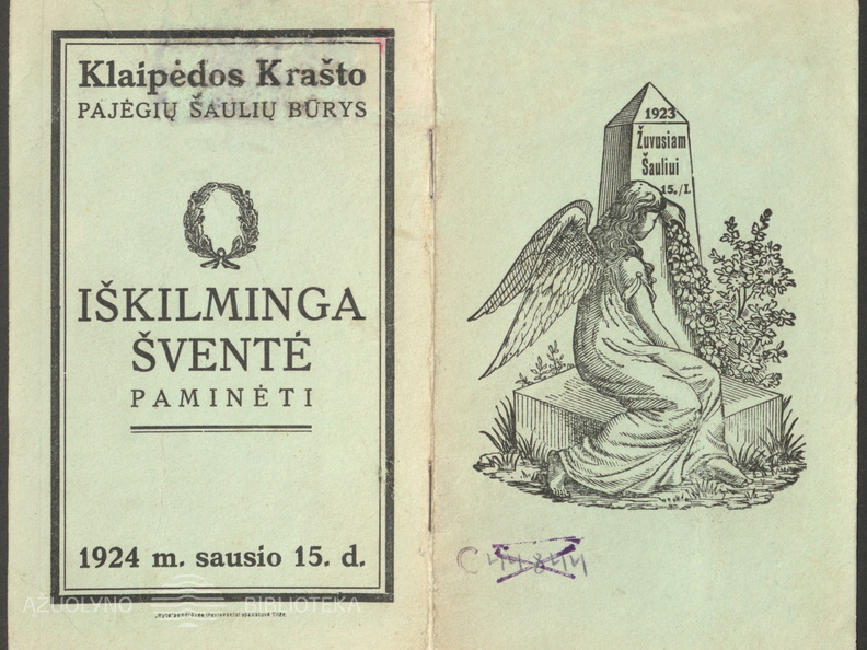 Knygelės viršelis. „Klaipėdos krašto lietuvninkų sukilėlių laimėjimui paminėti sausio 15 d.“ – Tilžė: „Ryto“ b-vės (Pavlovskio) sp., 1924, [4] p.