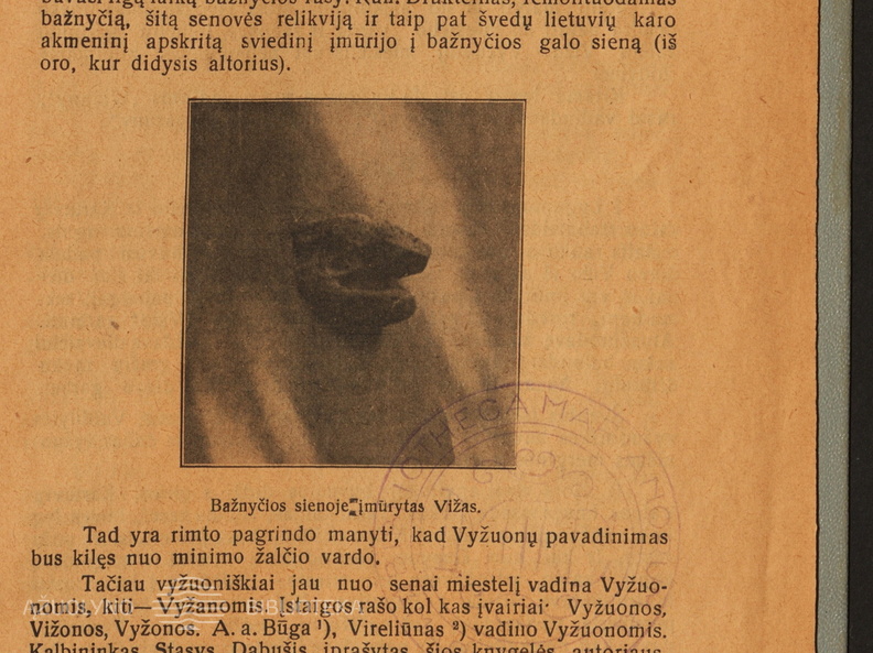 Vyžuonų (Utenos r.) Šv. Jurgio bažnyčios sienoje įmūrytas „Vižas“ (žaltys). Akiras. „Lietuvos miestai ir miesteliai. Vyžuonos“ – Kaunas: „Varpo“ sp., nr. 1, 1927, p. 3.