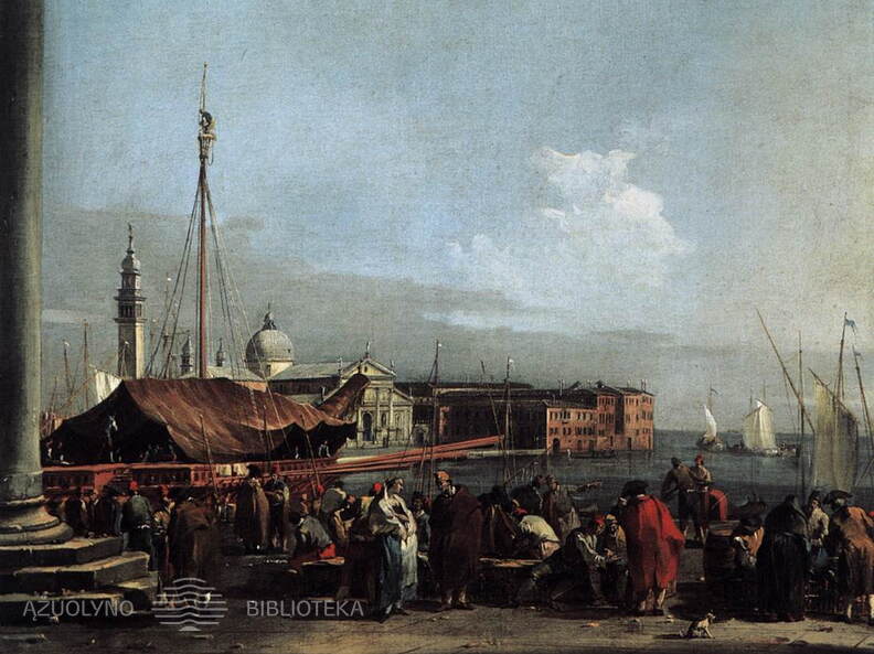 Francesco Guardi. Pakrantės turgus su vaizdu į Šv. Jurgio Didžioji baziliką. 1760-65 m.