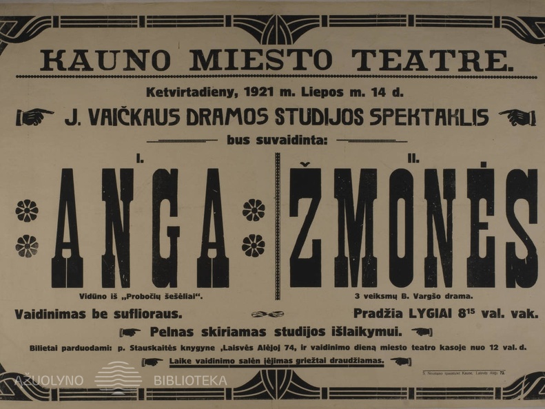 Juozo Vaičkaus dramos studijos spektaklio afiša. 1921 m.