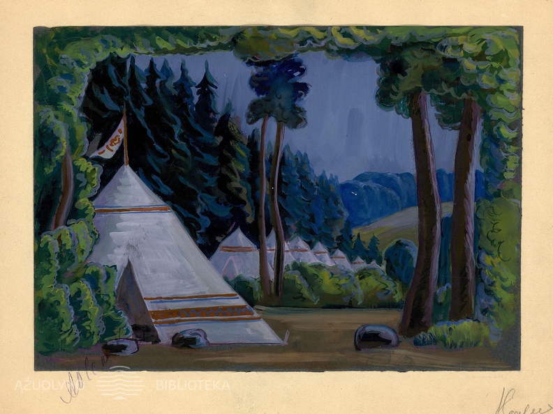 Dekoracijos eskizas Maironio dramai „Kęstučio mirtis“.