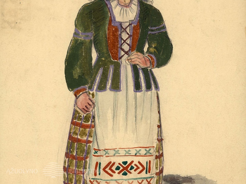 Vilkės: [vaidino J. Oškinaitė] kostiumo eskizas Vinco Krėvės Mickevičiaus dramai „Šarūnas“. Dail. Adomas Galdikas.