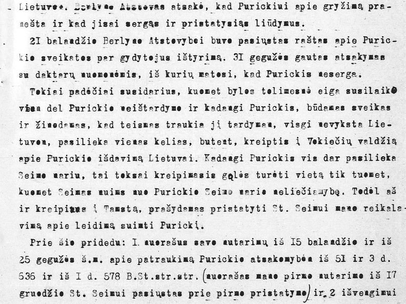 Lietuvos teisingumo ministerijos ypatingai svarbioms byloms teismo tardytojo Z. Toliušio raštas Vyriausiojo Tribunolo valstybės teismui dėl bylos J. Purickiui iškėlimo ir jo arešto klausimo