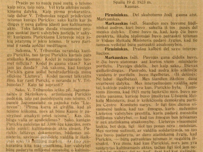 Socialdemokratų interpeliacija Teising. min. ir Ministrui pirm. dėl kunigo Juozo Purickio ir kitų bylos // Lietuvos Respublika. Seimas. II-ojo Seimo stenogramos.