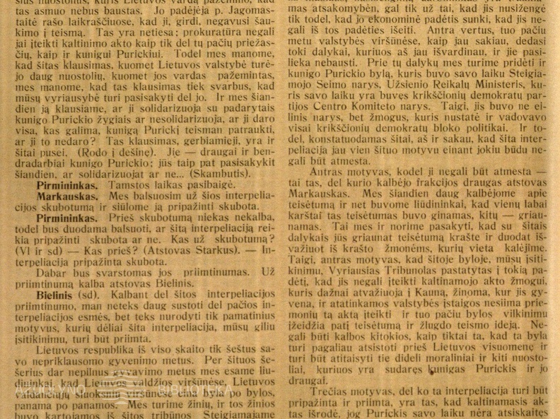Socialdemokratų interpeliacija Teising. min. ir Ministrui pirm. dėl kunigo Juozo Purickio ir kitų bylos // Lietuvos Respublika. Seimas. II-ojo Seimo stenogramos.