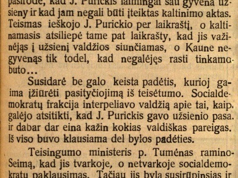 Nauja kryptis kun. Purickio byloj // Socialdemokratas. – 1924, lapkr. 6, p. 1.