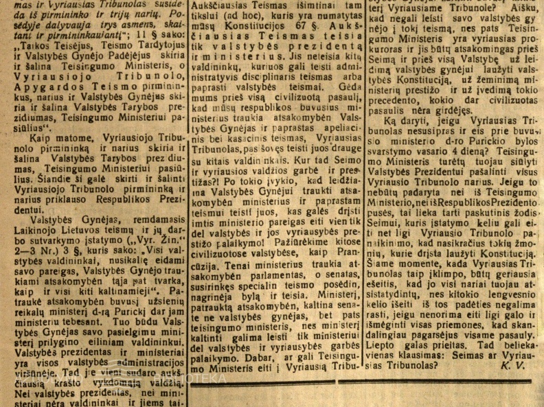 Seimas ar Vyriausias Tribunolas / K.V.: [Dėl to, kas nagrinės J. Purickio bylą] // Rytas. – 1925, saus. 30 (Nr. 24), p. 1.