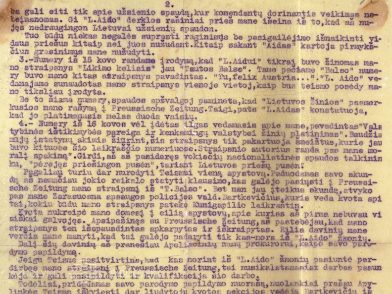 Kauno apylinkės teismui skundo papildymas dėl straipsnių „A. Voldemaro sąjunga su Preussische Zeitung“ ir „Kultūros kaina“ laikraštyje „Lietuvos aidas“, 1934 m. kovo 12 ir 13 d. d.