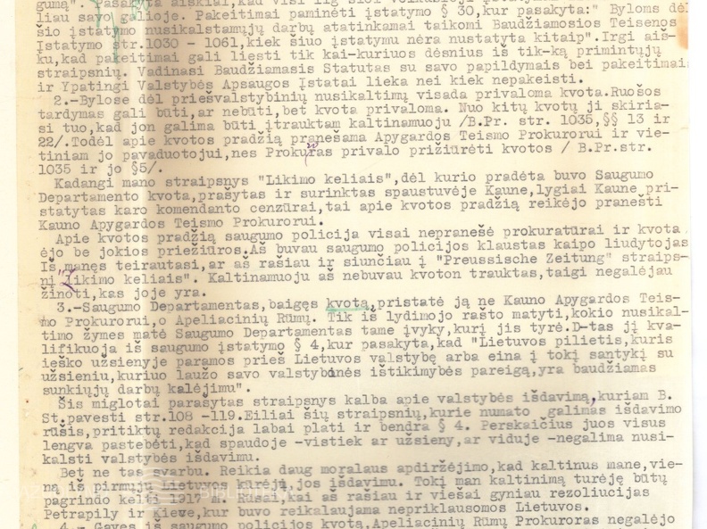 Augustino Voldemaro raštas iš Jonavos apie teisinius kvotos ir tardymo pažeidimus jo byloje dėl straipsnio „Likimo keliais“. 1934 04 24. LCVA, f. 932, ap. 1, b. 52, l. 341-343.