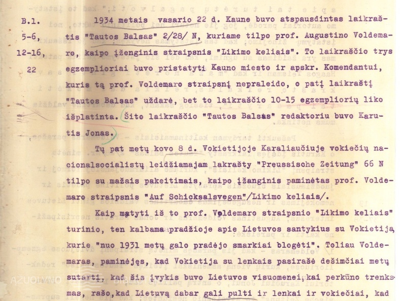 Apeliacinių rūmų kaltinamasis aktas prof. Augustino Voldemaro ir redaktoriaus Jono Karučio byloje dėl A. Voldemaro straipsnio „Likimo keliais“. 1934 04 30. LCVA, f. 932, ap. 1, b. 52, l. 6-7.