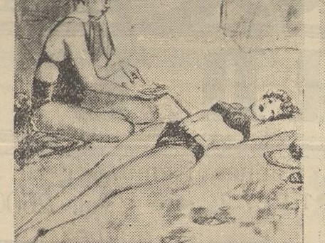 Karikatūra, pašiepianti atvirus maudymosi kostiumus. Sekmadienis, 1937, nr. 36, p. 7.