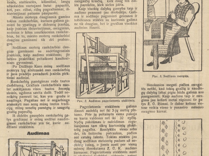 ŽŪR informacinis straipsnis apie audimą ir mezgimą. Jaunasis ūkininkas.-1934, nr. 52, p. 273.