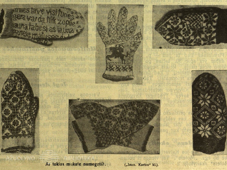 Raštuotos pirštinės su tekstu ir valstybine simbolika. Moteris.-1933, nr. 2, p. 29.