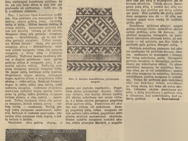Kumštinių raštuotų pirštinių mezgimas. Jaunasis ūkininkas.-1939, nr. 28, p. 436.
