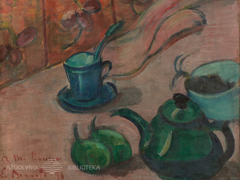 Emilis Bernaras. Natiurmortas su arbatinuku, puodeliu ir vaisiais. 1890 m.