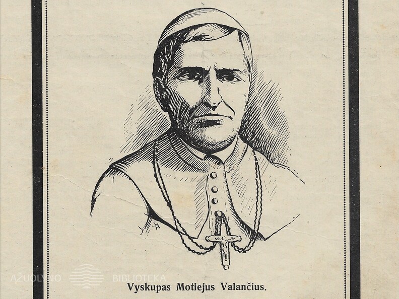 Vyskupas Motiejus Valančius : [nežinomo autoriaus pieštas portretas prie Vaclovo Biržiškos straipsnio „Du Valančiai“] // Krivulė, 1925, Nr. 9, p. 193.