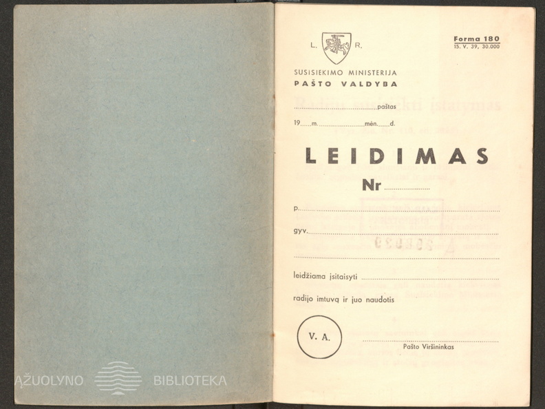 Radijo abonento knygelės pirmas puslapis. „Radijo abonento knygelė Nr.“ – Kaunas : Pašto valdyba, 1939.