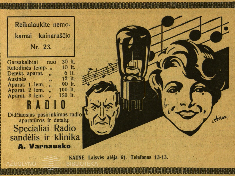 „Specialiai radio sandėlis ir klinika“. 2000 metrų.-1928, nr. 6, p. nenumeruotas.