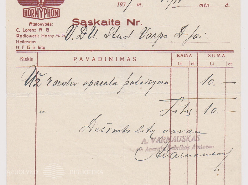 1939 m. A. Varnausko išrašyta sąskaita VDU studentų Varpo draugijai už radijo aparato pataisymą