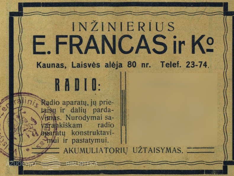 „Radio aparatų ir jų dalių pardavimas“. Paštininkų žodis.-1928, nr. 2, p. 31.