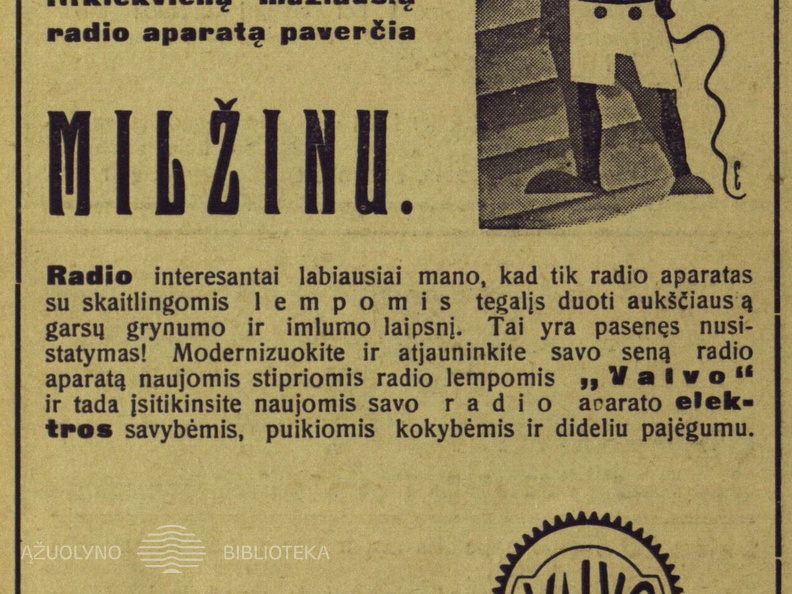 „Kiekvieną mažiausią radijo aparatą paverčia milžinu.“ Paštininkų žodis.-1932, nr. 12, p. nenumeruotas.