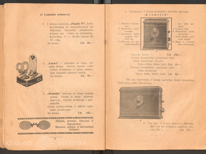 Radijo imtuvų pavyzdžiai kataloge. Iliustruotas radio-katalogas / H. Gladšteinas. – Kaunas: [H. Gladšteinas], [1929], p. 6-7.