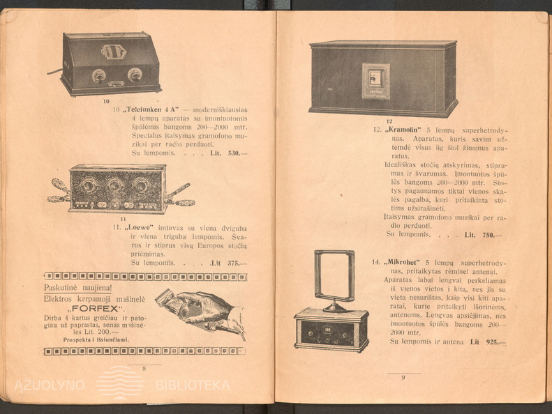 Radijo imtuvų pavyzdžiai kataloge. Iliustruotas radio-katalogas / H. Gladšteinas. – Kaunas: [H. Gladšteinas], [1929], p. 8-9.