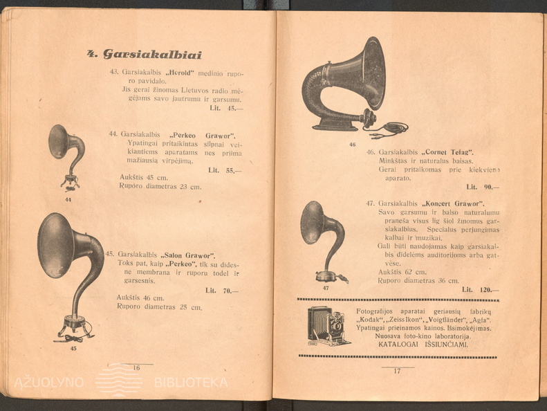Radijo imtuvų dalys. Garsiakalbiai. Iliustruotas radio-katalogas / H. Gladšteinas. – Kaunas: [H. Gladšteinas], [1929], p. 16-17.